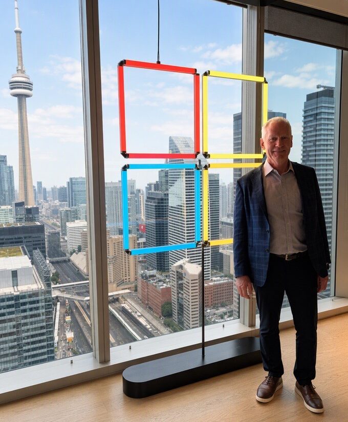 Image 23 | Itergy A man in a navy blazer and light shirt stands by a colorful geometric sculpture of interconnected square frames in red, yellow, and blue, with a city skyline visible through large windows behind him.