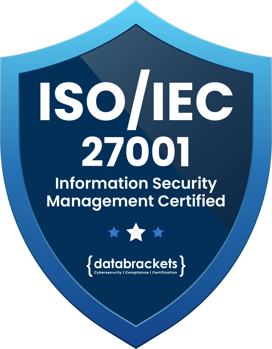 Blue shield badge stating ISO/IEC 27001 Information Security Management Certified, by databrackets.